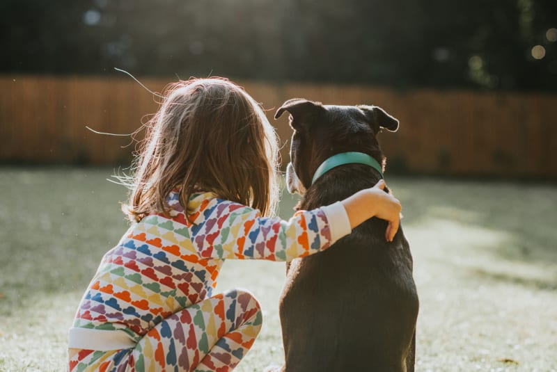 Young girl snuggling with her dog in a sunny garden facing away from the camera.  